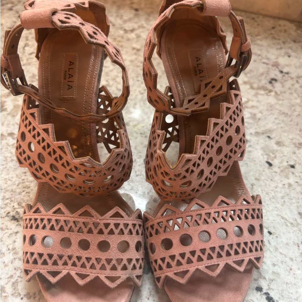 Pink Laser-Cut Suede Sandals
